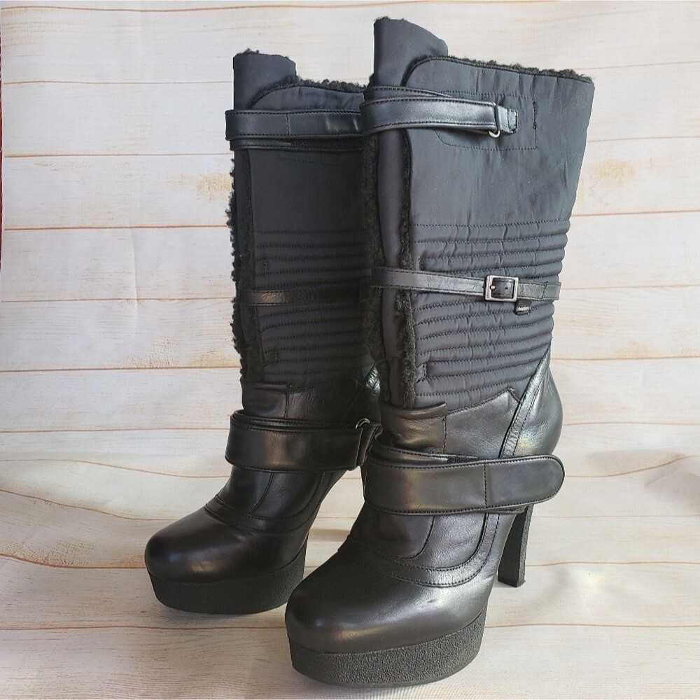 Nine West Platform Iryna Leather Fabric Winter Faux Fur Lined Boots Black 7 1/2